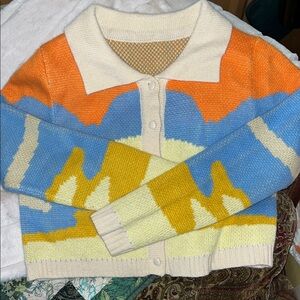 Hand Knit Colorful Womens Cropped LS Cardigan Sweater with Foldover Collar, Sz M